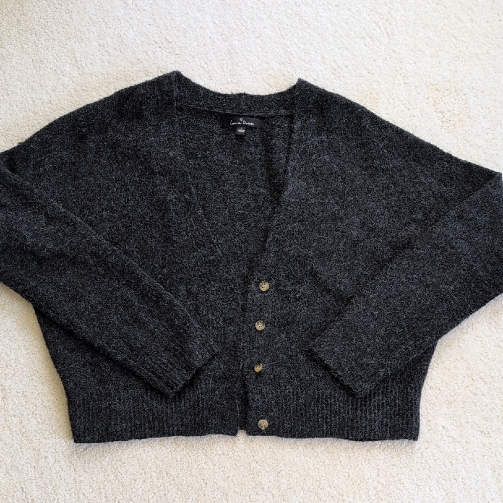 Charcoal Gray Fuzzy Sweater Cardigan, Size L